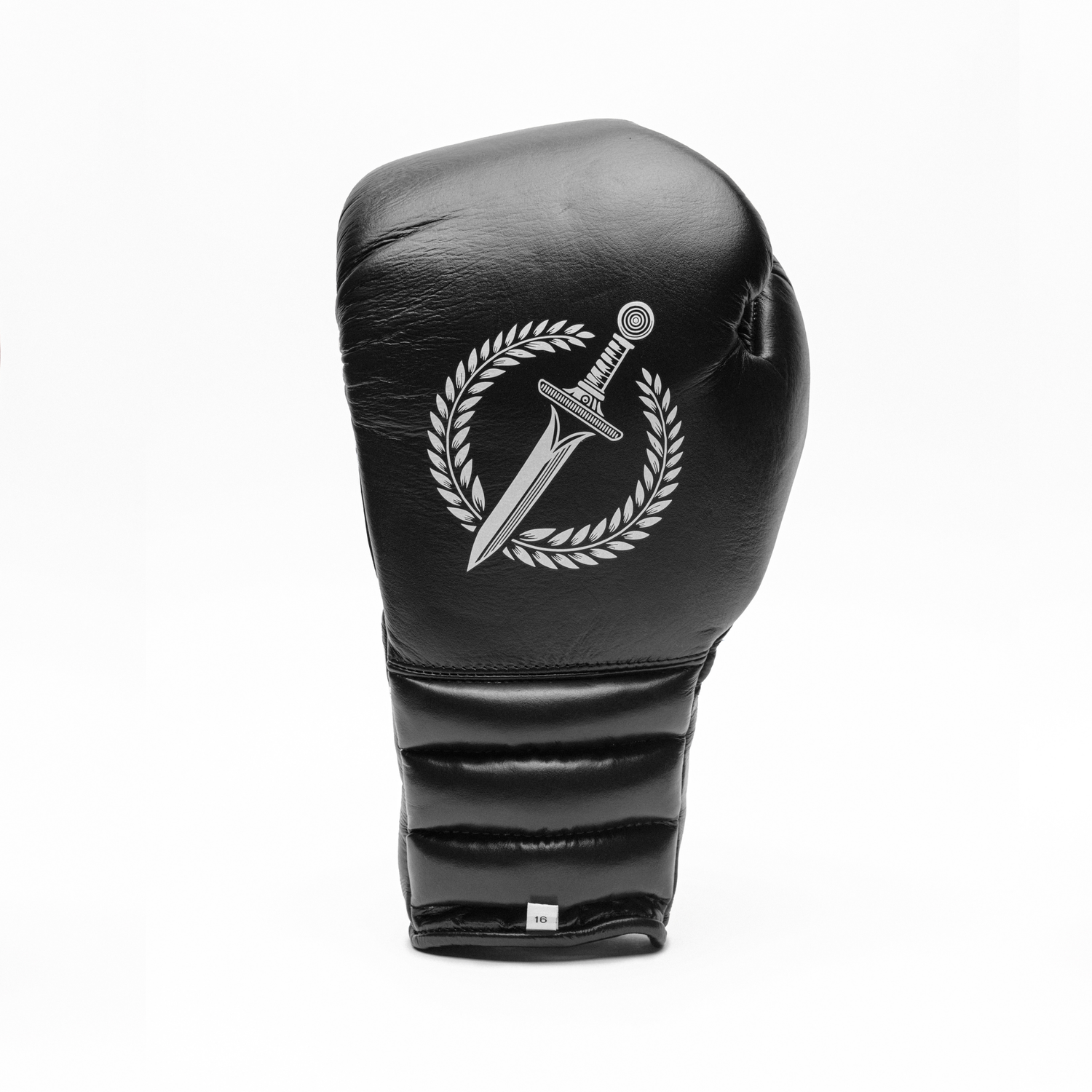 Black boxing glove with a logo on a white background.