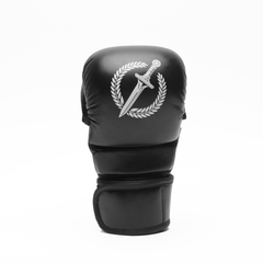 Black MMA glove with a white logo on a white background.