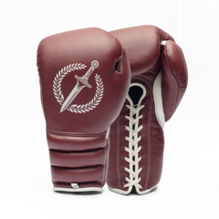 Pair of maroon boxing gloves with a white emblem on a white background.