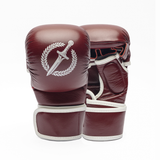 Pair of maroon MMA gloves with a white logo on a white background.