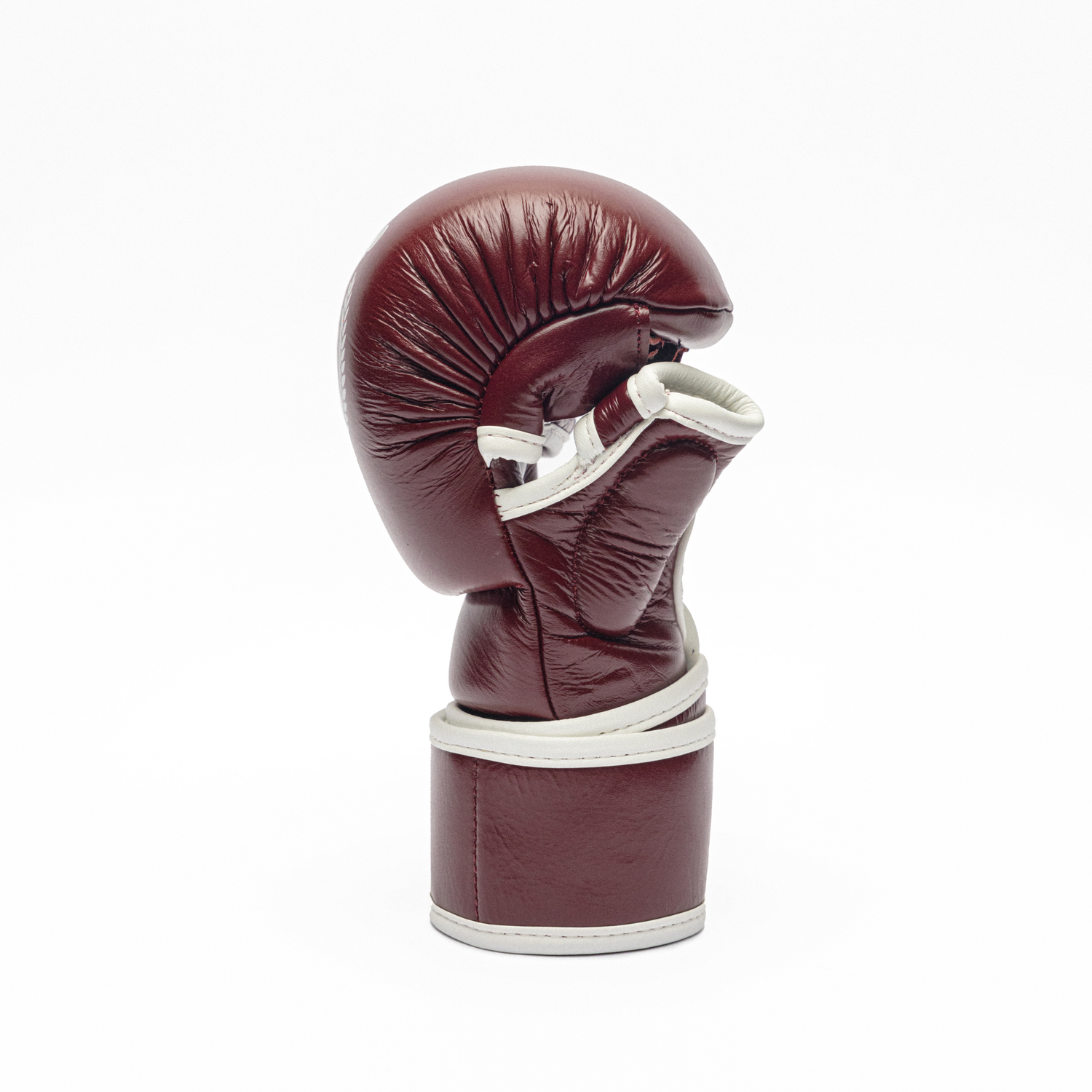 Maroon MMA glove with white trim on a white background.