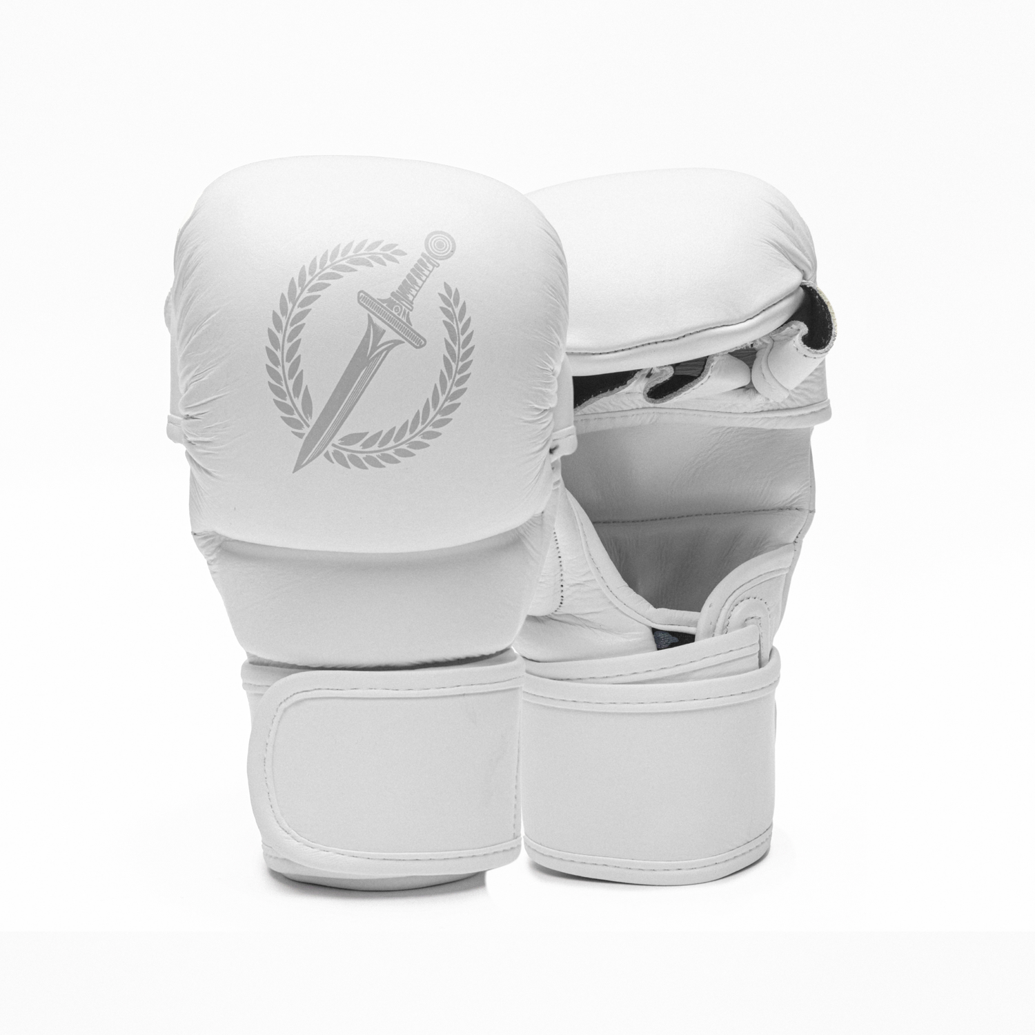 White MMA gloves with a logo on a white background.
