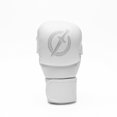 White MMA glove with a logo on a white background.