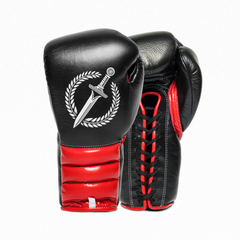 A pair of Gladius Mars red and black boxing gloves on a white background.