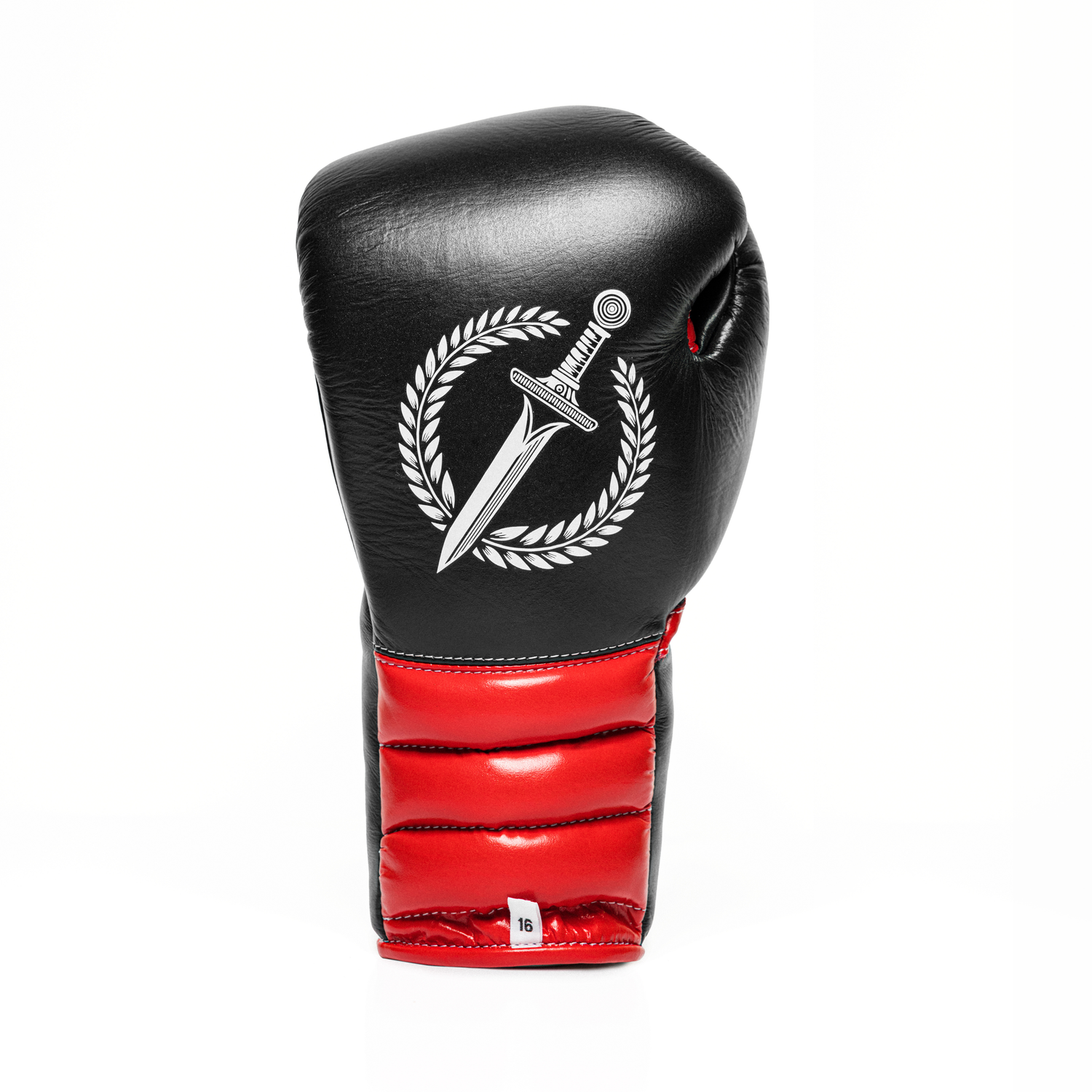 Black boxing glove with red padding and a central emblem on a white background.