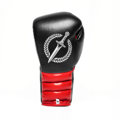 Black boxing glove with red padding and a central emblem on a white background.