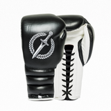 A pair of Gladius Obsidian black and white boxing gloves on a white background.