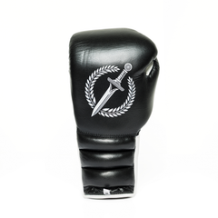 Black and white boxing glove with a white logo on a white background.