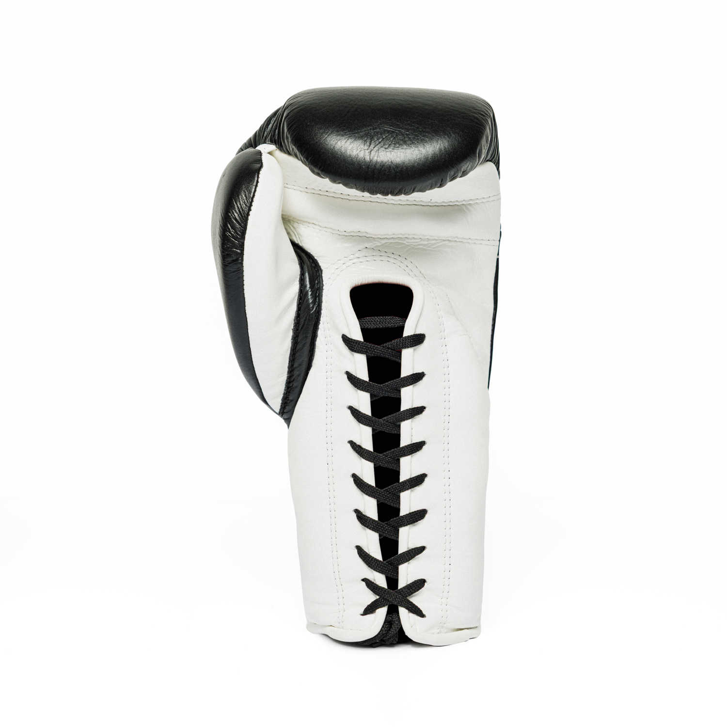 White boxing glove with black accents on a white background.