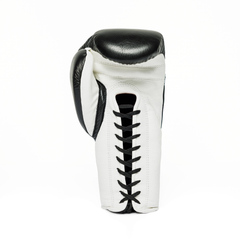 White boxing glove with black accents on a white background.