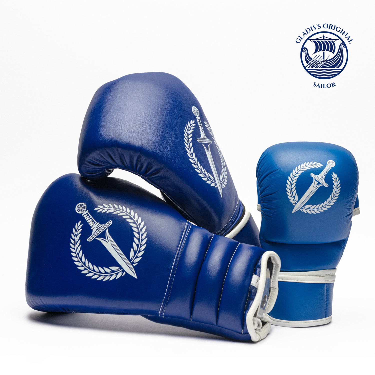 Blue boxing gloves with a logo on a white background.