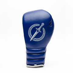 Blue boxing glove with a white emblem on a white background.