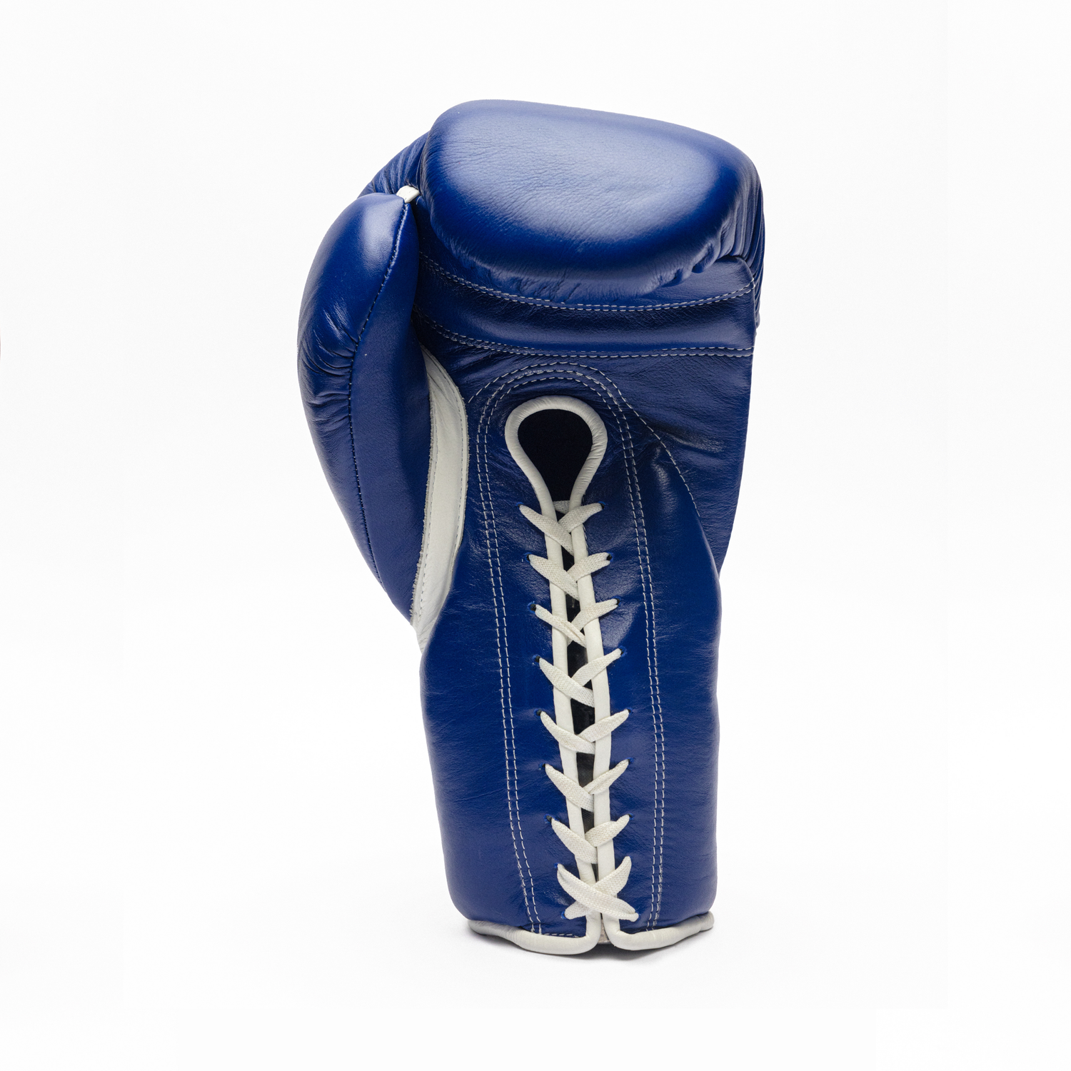 Blue boxing glove with white stitching on a white background.