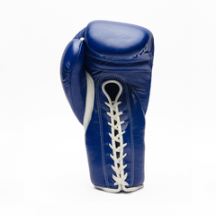 Blue boxing glove with white stitching on a white background.