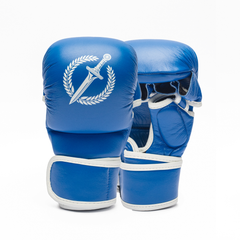 Blue MMA gloves with a white logo on a white background.