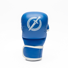 Blue MMA glove with a white emblem on a white background.