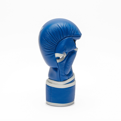 Blue MMA glove with white accents on a white background.