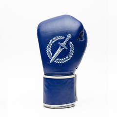 Blue boxing glove with a white emblem on a white background.