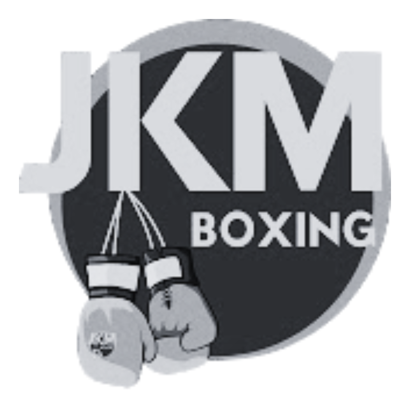 JKM Boxing logo with boxing gloves on a black background