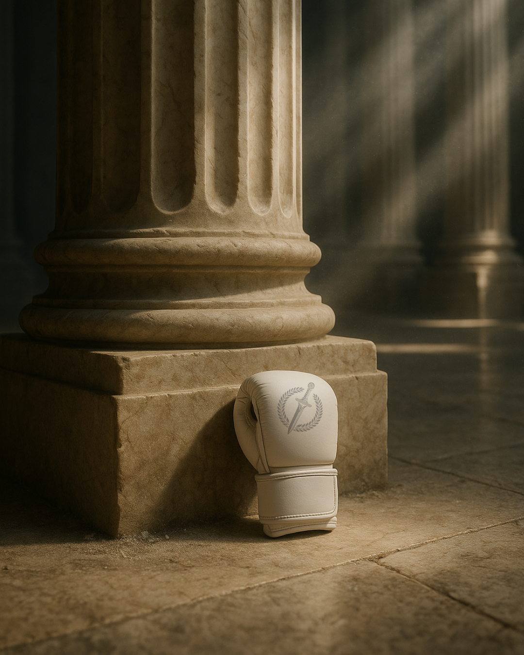 White boxing glove with a logo on a stone floor with columns in the background.