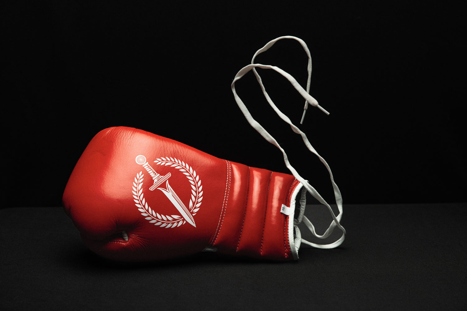 Red boxing glove with a white emblem on a black background.